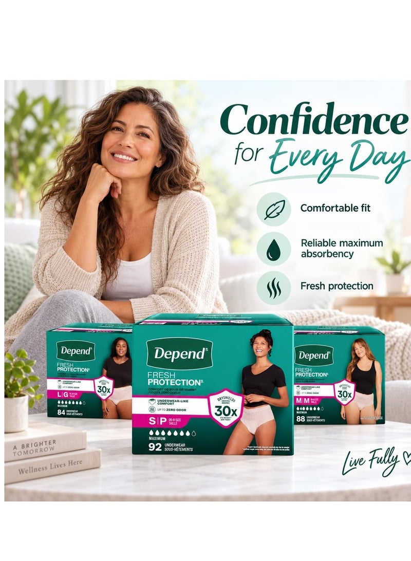 ملابس Depend Fresh Protection الداخلية للنساء للتحكم في سلس البول، أقصى درجات الامتصاص، راحة تضاهي الملابس الداخلية العادية، حماية من الروائح، واقية وتستخدم لمرة واحدة - مقاس متوسط ​​(Medium) - 88 قطعة (مقاس 8-16) - Image 3