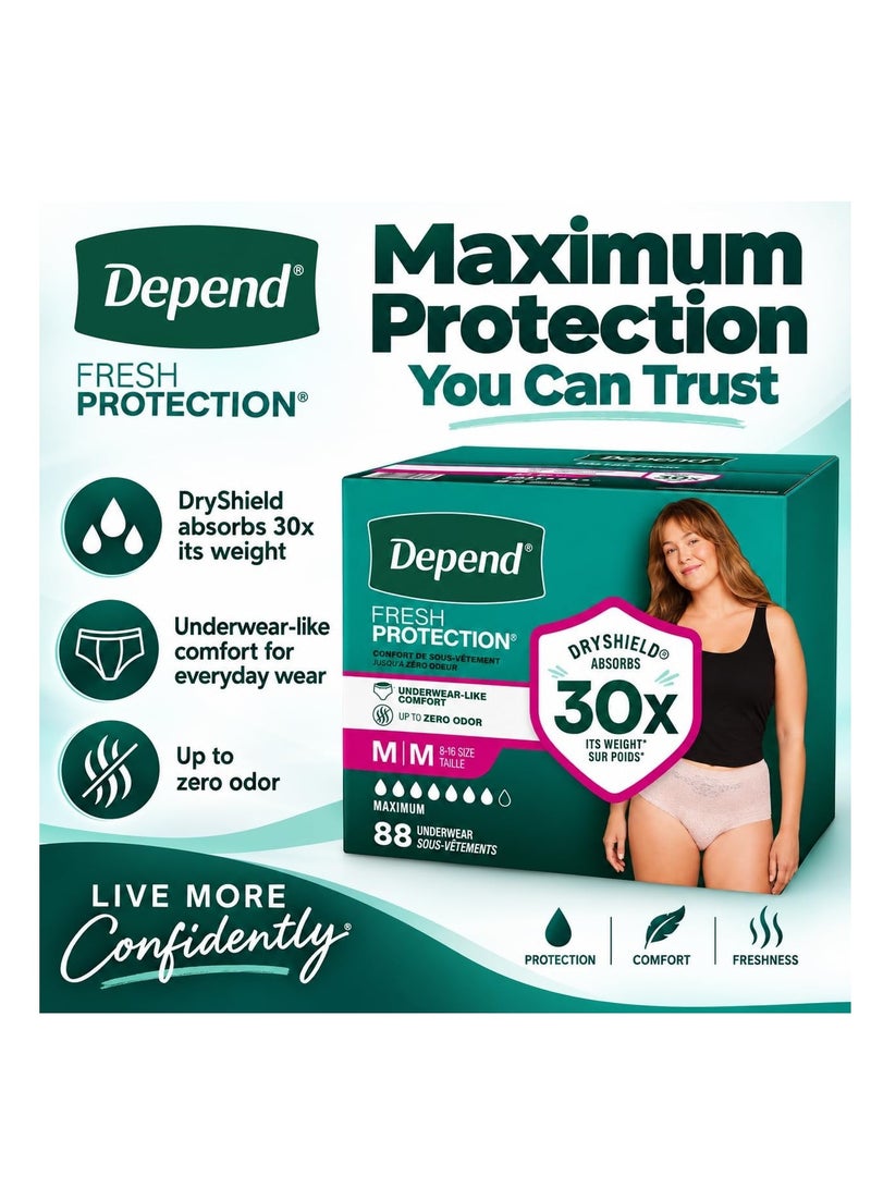 ملابس Depend Fresh Protection الداخلية للنساء للتحكم في سلس البول، أقصى درجات الامتصاص، راحة تضاهي الملابس الداخلية العادية، حماية من الروائح، واقية وتستخدم لمرة واحدة - مقاس متوسط ​​(Medium) - 88 قطعة (مقاس 8-16) - Image 5