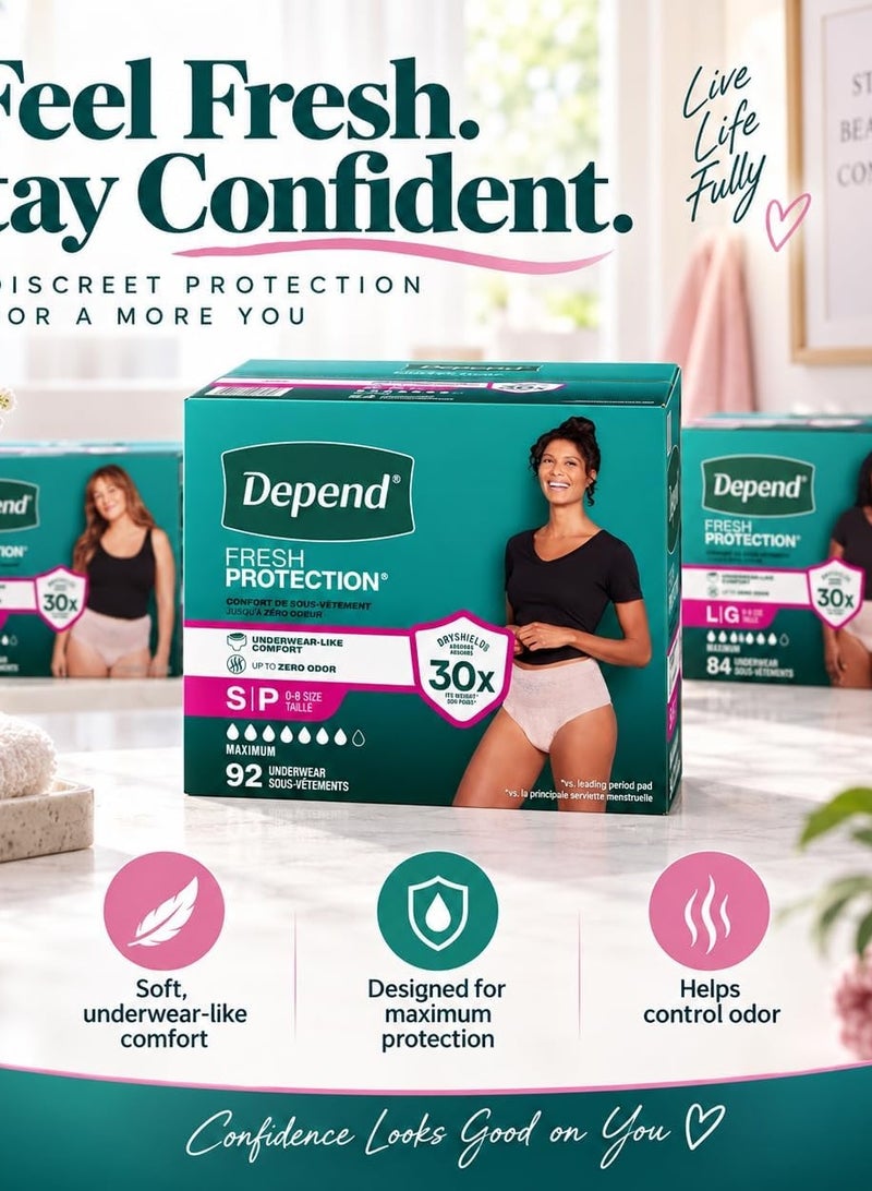 ملابس Depend Fresh Protection الداخلية للنساء للتحكم في سلس البول، أقصى درجات الامتصاص، راحة تضاهي الملابس الداخلية العادية، حماية من الروائح، واقية وتستخدم لمرة واحدة - مقاس متوسط ​​(Medium) - 88 قطعة (مقاس 8-16) - Image 4