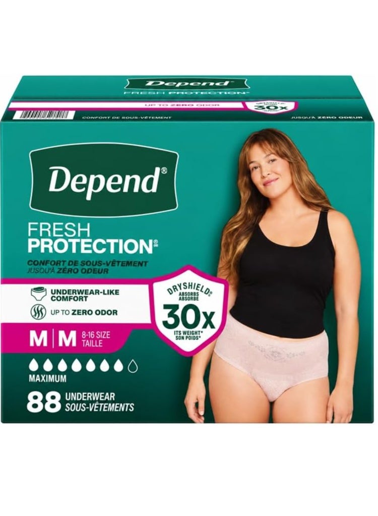 ملابس Depend Fresh Protection الداخلية للنساء للتحكم في سلس البول، أقصى درجات الامتصاص، راحة تضاهي الملابس الداخلية العادية، حماية من الروائح، واقية وتستخدم لمرة واحدة - مقاس متوسط ​​(Medium) - 88 قطعة (مقاس 8-16) - Image 1
