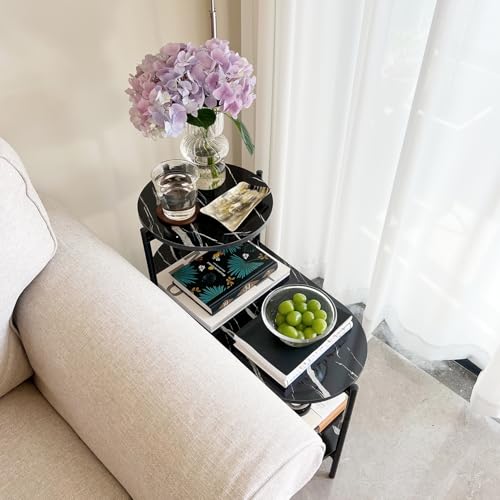 TARKAN Living Room End Table, 3 Tier Sofa-Side Wooden Table Marble Finish with Metal Frame (Black) - Image 3