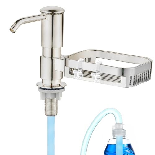 HAPPUP Soap Dispenser for Kitchen Sink, Built in Soap Dispenser Pump with Sponge Holder, Under Counter Brushed Nickel ABS Pump Head with 38" Extension Tube Kit, Good Suction Power - Image 1