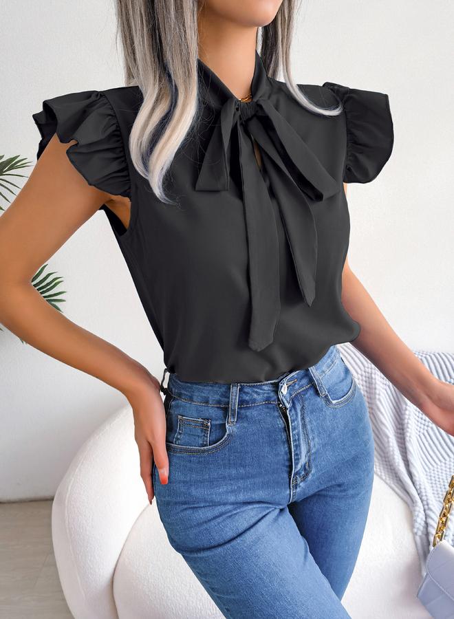 Take Two Black Tie-Neck Ruffle Sleeve Top - Image 4