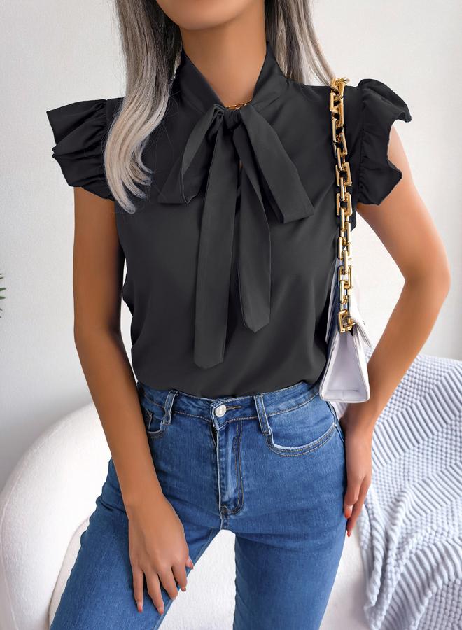 Take Two Black Tie-Neck Ruffle Sleeve Top - Image 3