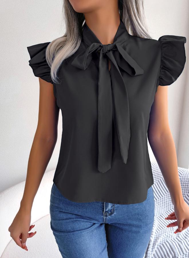 Take Two Black Tie-Neck Ruffle Sleeve Top - Image 1