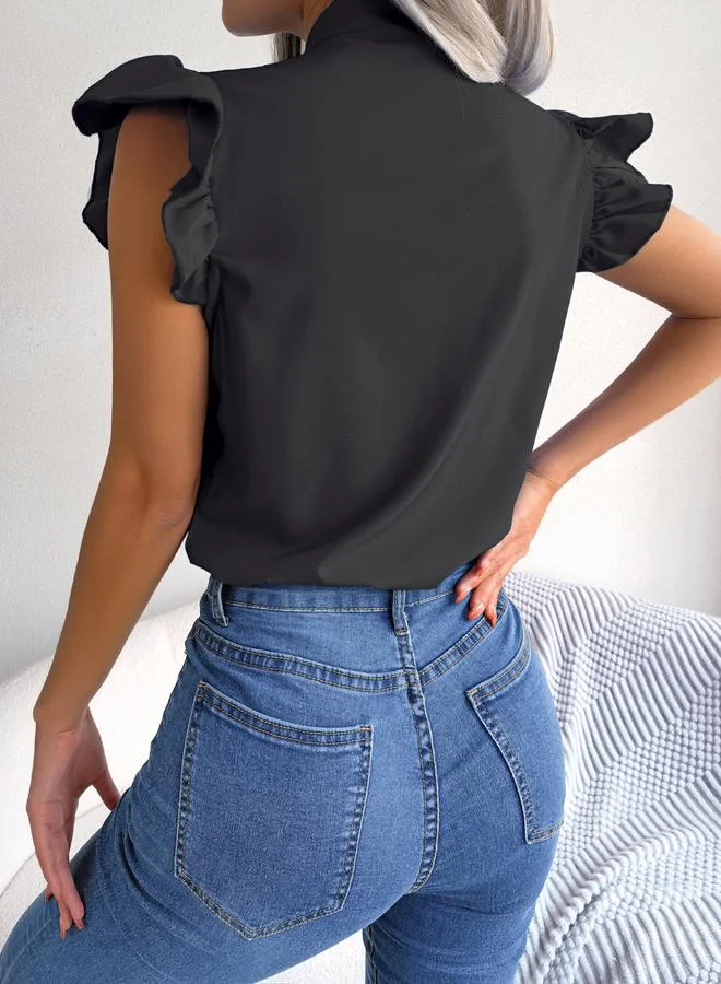 Take Two Black Tie-Neck Ruffle Sleeve Top