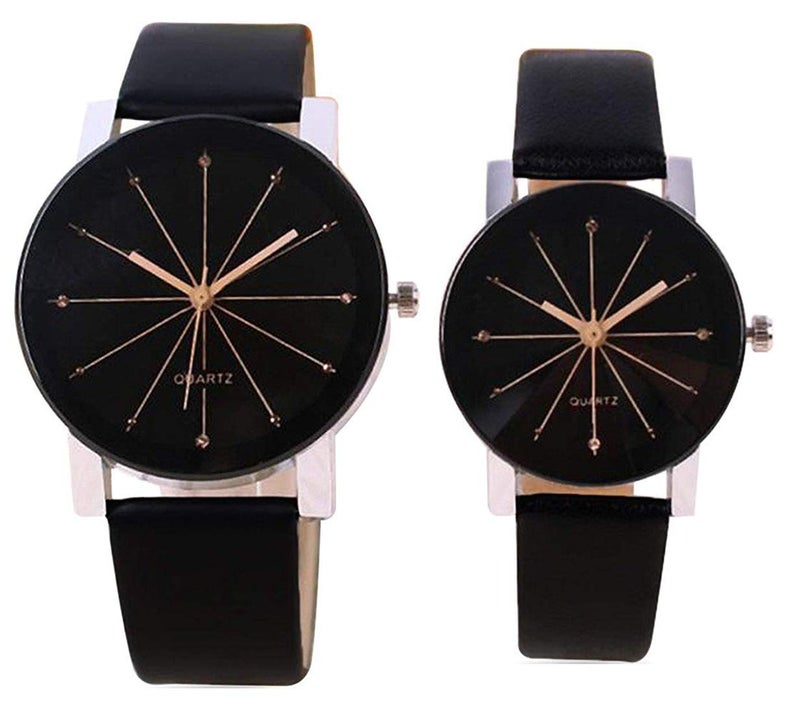 Acnos® Premium Black Dial Black Case Leather Analog Couple Watch Combo for Men and Women Pack of - 2 - Image 1