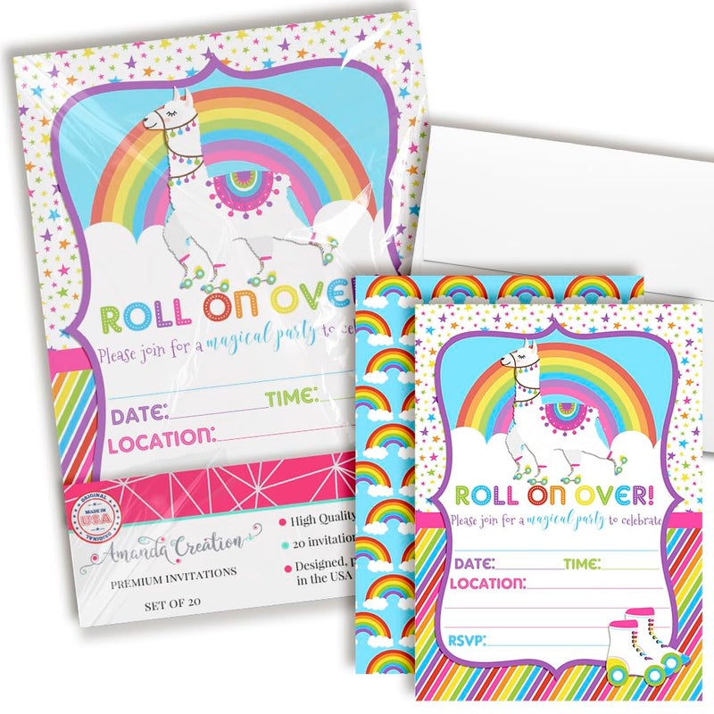 Colorful Llama Rainbow Roller Skating Birthday Party Invitations 20 5x7 Fill In Cards with Twenty White Envelopes by AmandaCreation