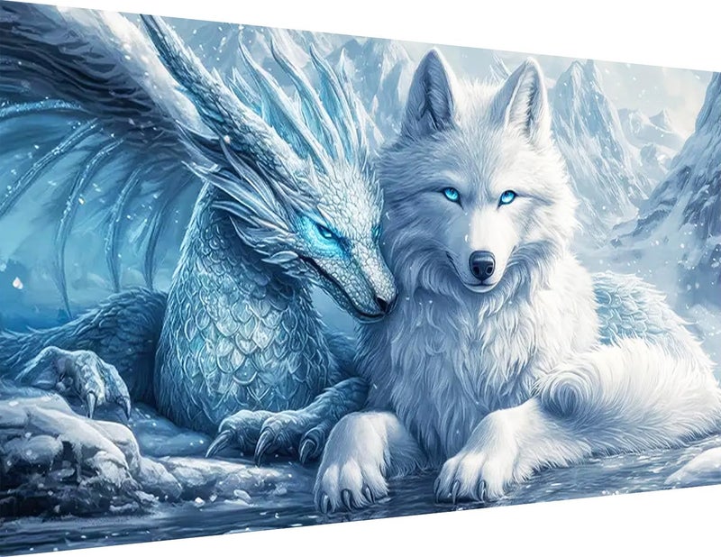 igoodom Large Diamond Painting, Dragon and Wolf Large Diamond Art Kits for Adults, Full Drill Round Big Diamond Painting, DIY Gem Art and Crafts for Home Wall Decor Gift 27.5 X 15.7inch - Image 1