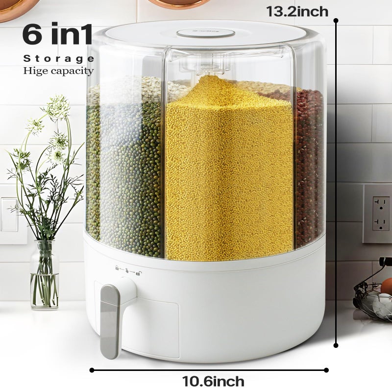 Slow Slog Grain and Rice Storage Container, 6 Grid Grain Dispenser, 360Â° Rotating 25lb Large Food Dispenser, Rice Dispenser Upgrade 6 Compartment Rotating, Airtight Storage White - Image 3