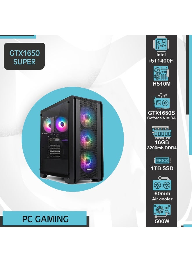 هانتكي بي سي كمبيوتر العاب PC  قيمنق تجميعة احترافية – وبطاقة رسومات نيفيديا جيفورس  GTX 1650 SUPER  - معالج i5 11400F – لوحة الأم H510M– تبريد هوائي+ اربعة مرواح باضاءة – ذاكرة رام 16 جيجا بايت 3200 ميجابايت ذاكرة تخزين 1TB مع نظام تشغيل ويندوز 11 - Image 1