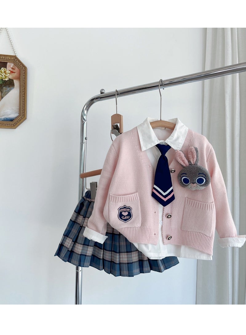 College Style Set Of Girls' Knitted Cardigan White Shirt Plaid Pleated Skirt Three Piece Set - Image 1