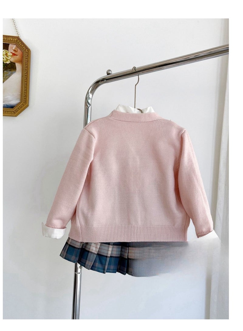 College Style Set Of Girls' Knitted Cardigan White Shirt Plaid Pleated Skirt Three Piece Set - Image 2