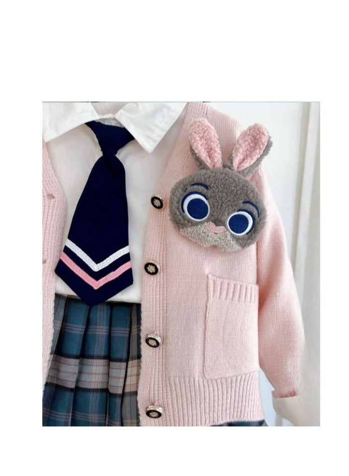 College Style Set Of Girls' Knitted Cardigan White Shirt Plaid Pleated Skirt Three Piece Set - Image 3