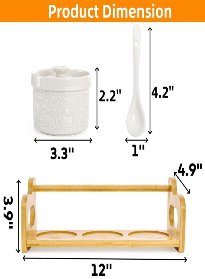 Acshio Set of 3 Ceramic Condiment Jars, 5 Oz Spice Container with Lid Spoon Bamboo Raised Tray, Salt Sugar Pepper Seasoning Pots Ceramic Ramekin Dip Bowls for Home kitchen Counter - Image 2