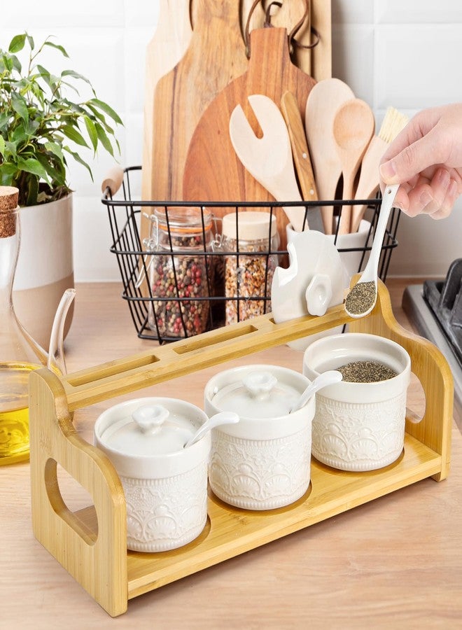 Acshio Set of 3 Ceramic Condiment Jars, 5 Oz Spice Container with Lid Spoon Bamboo Raised Tray, Salt Sugar Pepper Seasoning Pots Ceramic Ramekin Dip Bowls for Home kitchen Counter - Image 4