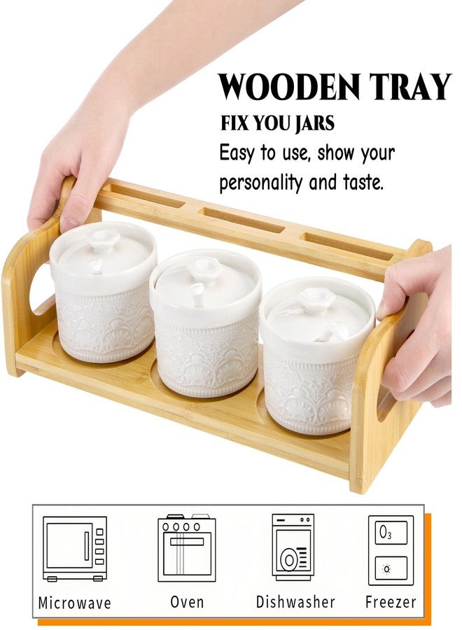 Acshio Set of 3 Ceramic Condiment Jars, 5 Oz Spice Container with Lid Spoon Bamboo Raised Tray, Salt Sugar Pepper Seasoning Pots Ceramic Ramekin Dip Bowls for Home kitchen Counter - Image 3