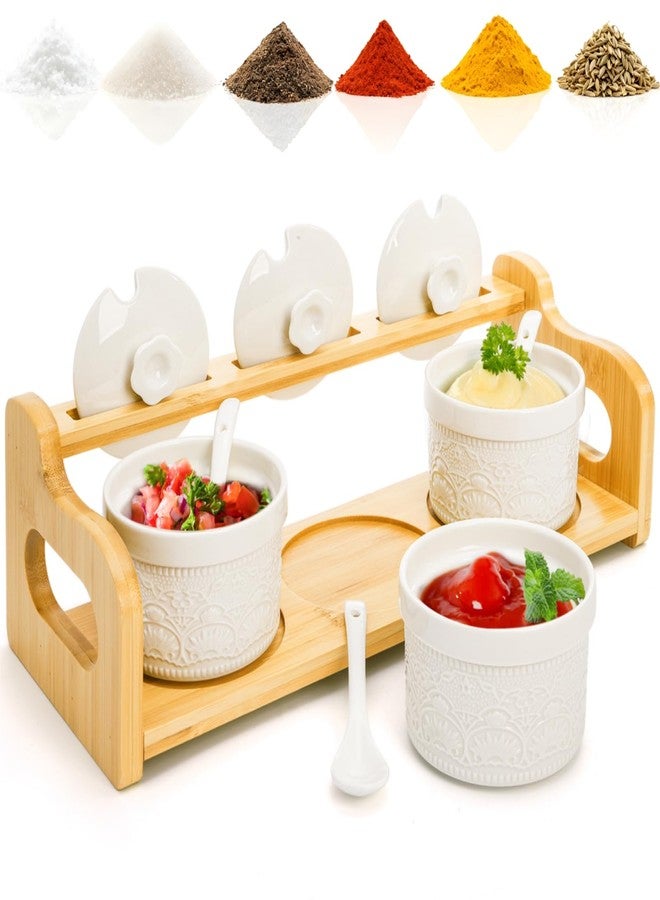 Acshio Set of 3 Ceramic Condiment Jars, 5 Oz Spice Container with Lid Spoon Bamboo Raised Tray, Salt Sugar Pepper Seasoning Pots Ceramic Ramekin Dip Bowls for Home kitchen Counter - Image 1