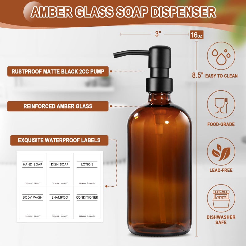 Kasunting Kitchen Soap Dispenser Set with Wood Riser Tray, Amber Glass Soap Dispenser with Stainless Steel Pump, Hand and Dish Soap Dispenser Set for Kitchen, Soap and Lotion Dispenser Bathroom Decor(Amber) - Image 3