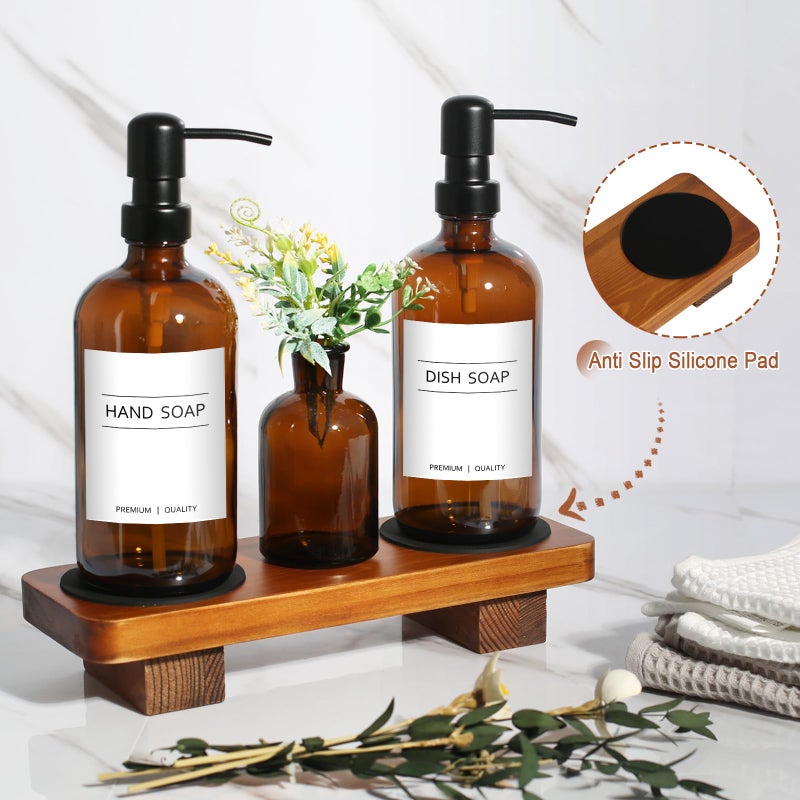 Kasunting Kitchen Soap Dispenser Set with Wood Riser Tray, Amber Glass Soap Dispenser with Stainless Steel Pump, Hand and Dish Soap Dispenser Set for Kitchen, Soap and Lotion Dispenser Bathroom Decor(Amber) - Image 4
