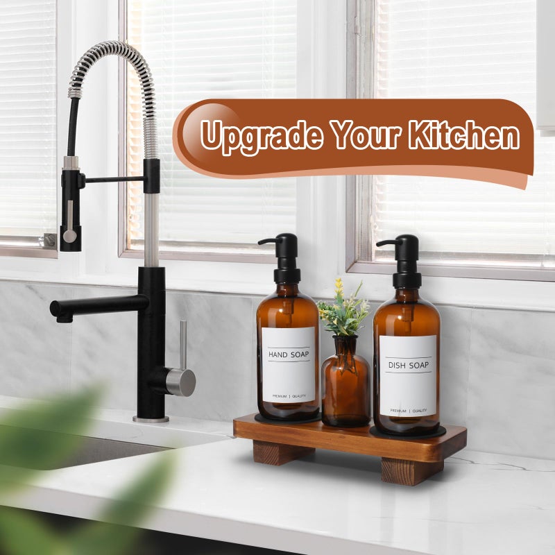 Kasunting Kitchen Soap Dispenser Set with Wood Riser Tray, Amber Glass Soap Dispenser with Stainless Steel Pump, Hand and Dish Soap Dispenser Set for Kitchen, Soap and Lotion Dispenser Bathroom Decor(Amber) - Image 5