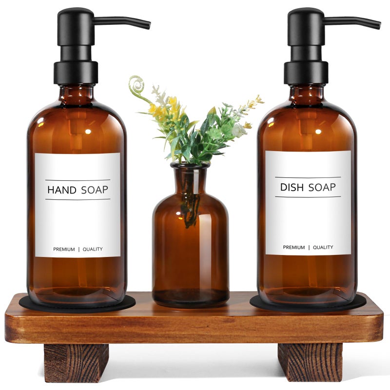 Kasunting Kitchen Soap Dispenser Set with Wood Riser Tray, Amber Glass Soap Dispenser with Stainless Steel Pump, Hand and Dish Soap Dispenser Set for Kitchen, Soap and Lotion Dispenser Bathroom Decor(Amber) - Image 1