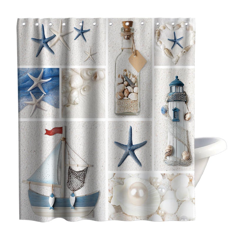 Final Friday Beach Ocean Coastal Shower Curtain Nautical Seashell Modern Aesthetic Theme Fabric Bathroom Decor Sets with Grommets and Hooks 72W x 72H Blue Beige and White - Image 1