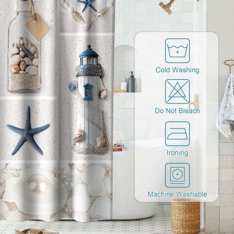 Final Friday Beach Ocean Coastal Shower Curtain Nautical Seashell Modern Aesthetic Theme Fabric Bathroom Decor Sets with Grommets and Hooks 72W x 72H Blue Beige and White - Image 4