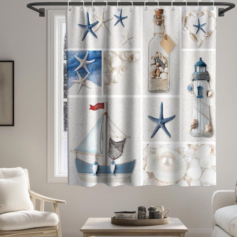 Final Friday Beach Ocean Coastal Shower Curtain Nautical Seashell Modern Aesthetic Theme Fabric Bathroom Decor Sets with Grommets and Hooks 72W x 72H Blue Beige and White - Image 3