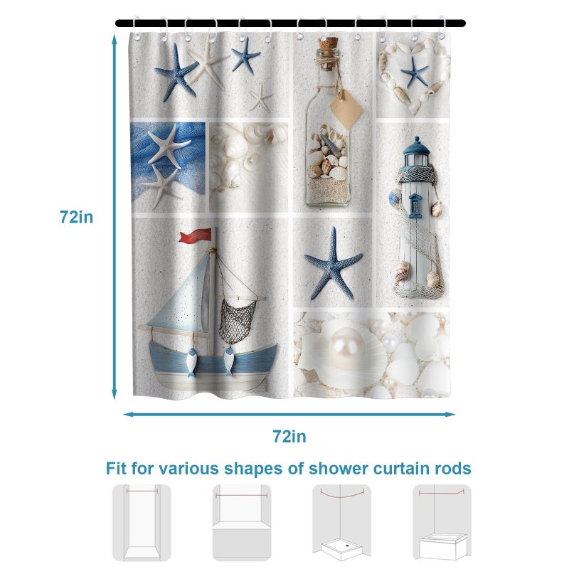 Final Friday Beach Ocean Coastal Shower Curtain Nautical Seashell Modern Aesthetic Theme Fabric Bathroom Decor Sets with Grommets and Hooks 72W x 72H Blue Beige and White - Image 5