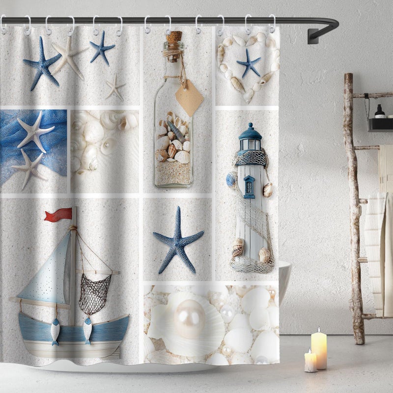 Final Friday Beach Ocean Coastal Shower Curtain Nautical Seashell Modern Aesthetic Theme Fabric Bathroom Decor Sets with Grommets and Hooks 72W x 72H Blue Beige and White - Image 2