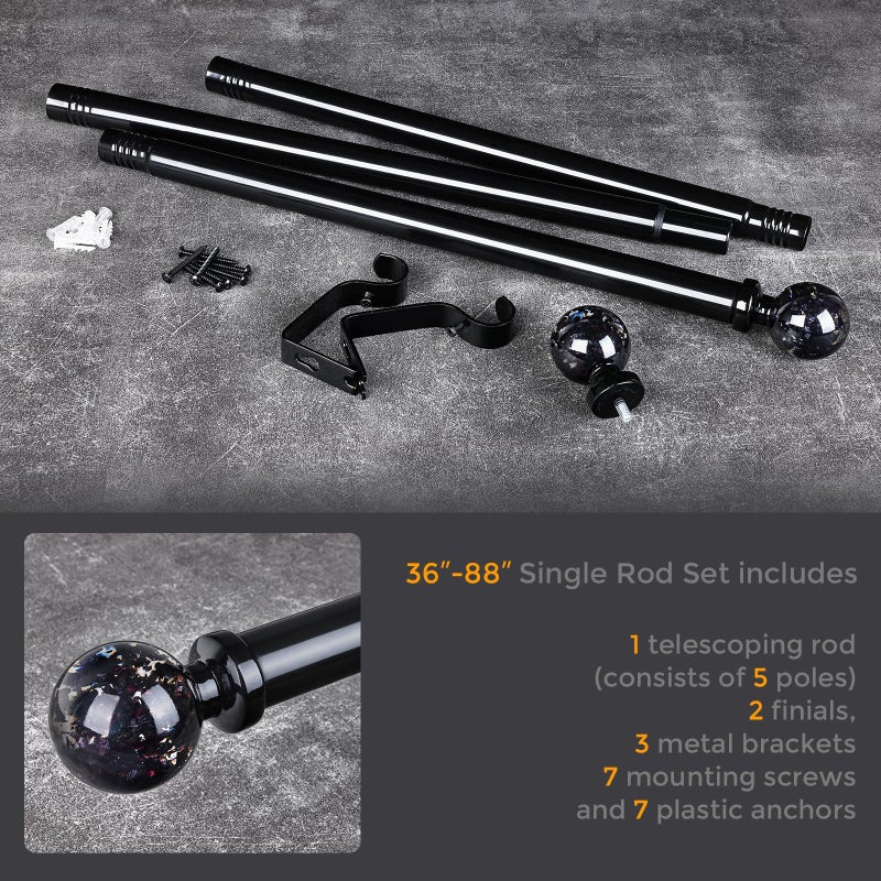 JRZOO Black Curtain Rods for Windows 48 to 84 Inch, 1'' Heavy Duty Adjustable Drapery Rod with Unique Crystal Ball Finials, Modern Decorative Curtain Rod,Size; 30-88'' - Image 3