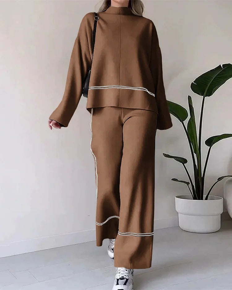 2023 Autumn Fashion Colorblock Knit Top Set Women Khaki - Image 4