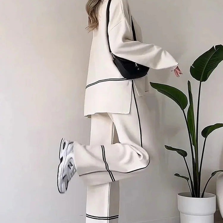 2023 Autumn Fashion Colorblock Knit Top Set Women Khaki - Image 2