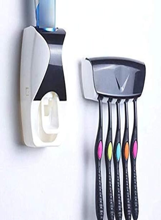 Plastic Automatic Hands-Free Wall Mounted Toothpaste Dispenser and 5 Hole Dust-Proof Wall Mounted Toothbrush Holder with Cover Storage Stand for Home Bathroom Accessories Set (Multicolour)