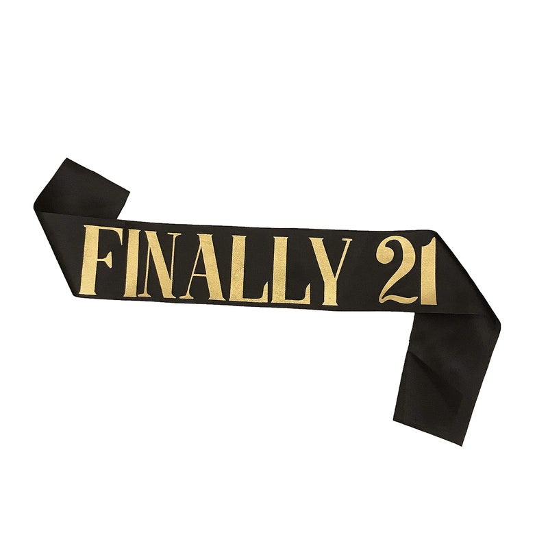 Dadam Birthday Sash Black Satin Finally 21 Sash with Gold Glitter Lettering Party Favors Supplies and Decorations