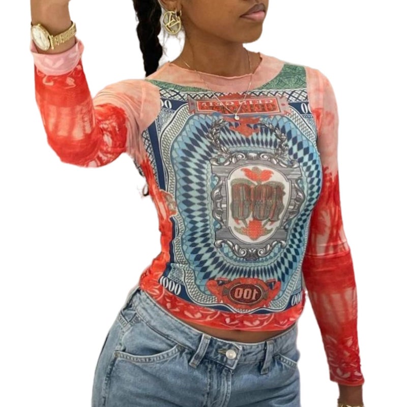 Caviotess Women's Sexy Mesh See Through T Shirt Fashion Money Print Long Sleeve Crop Top Slim Tee Tops Red - Image 3