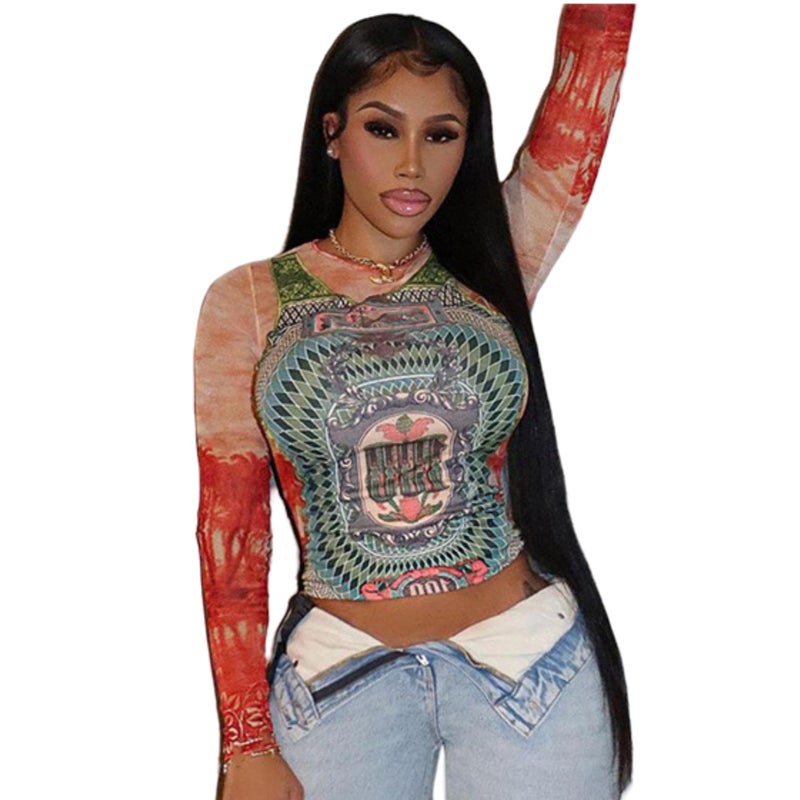 Caviotess Women's Sexy Mesh See Through T Shirt Fashion Money Print Long Sleeve Crop Top Slim Tee Tops Red - Image 1