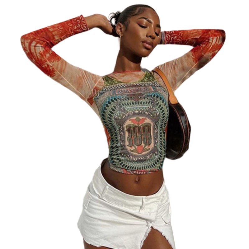 Caviotess Women's Sexy Mesh See Through T Shirt Fashion Money Print Long Sleeve Crop Top Slim Tee Tops Red - Image 2