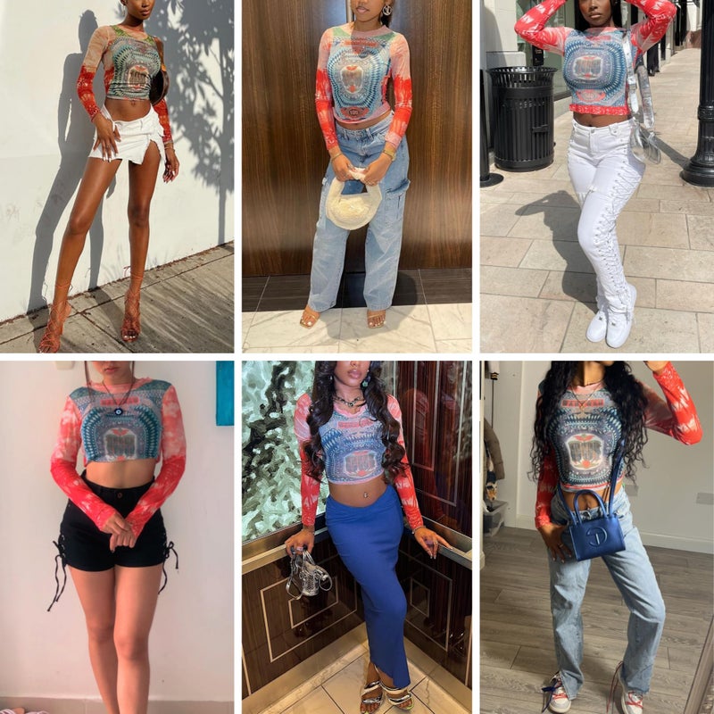 Caviotess Women's Sexy Mesh See Through T Shirt Fashion Money Print Long Sleeve Crop Top Slim Tee Tops Red - Image 5