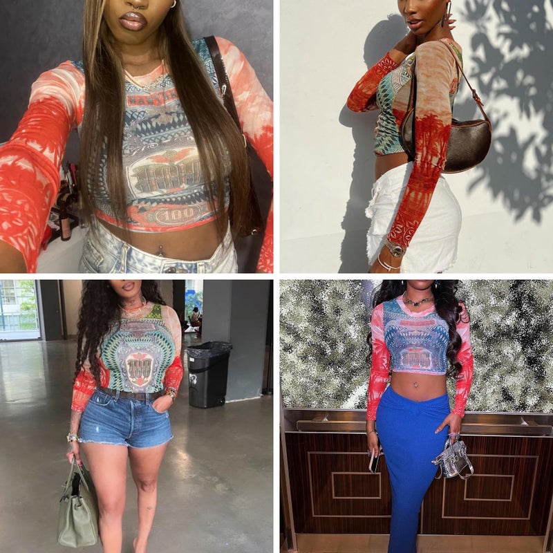 Caviotess Women's Sexy Mesh See Through T Shirt Fashion Money Print Long Sleeve Crop Top Slim Tee Tops Red - Image 4