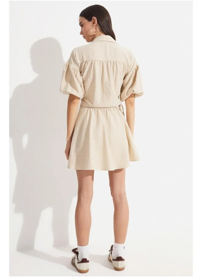 جون June Women Patterned Double Breasted Closure Flounce Mini Short Skirt Stone