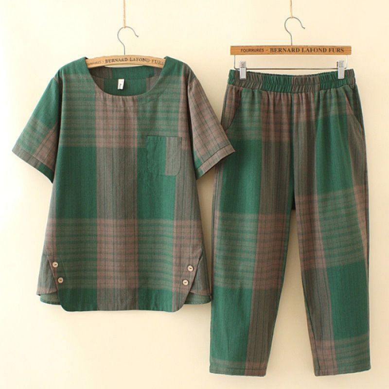 Cross-border New Popular Korean Summer New plus size Plaid Two-piece All-match Casual Pants Loose Top Trend Green