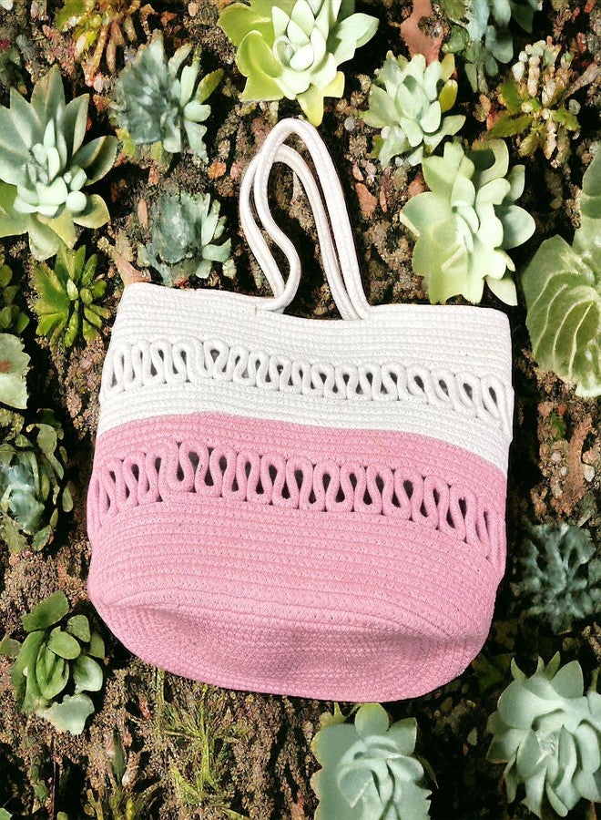 DYARCHY Large Attractive Hand Bag | Extra large Tote Bag | Summer Bag | Bucket Bag | Basket Bag | Bamboo Tote | Beach Bags for Women | Boho Bag | Kauna Bag | Handbag | Jute Bag | Handmade Bag (Pink & white) - Image 5