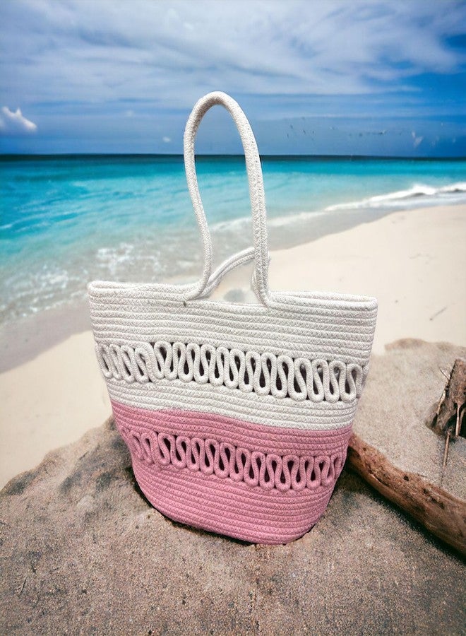 DYARCHY Large Attractive Hand Bag | Extra large Tote Bag | Summer Bag | Bucket Bag | Basket Bag | Bamboo Tote | Beach Bags for Women | Boho Bag | Kauna Bag | Handbag | Jute Bag | Handmade Bag (Pink & white) - Image 2