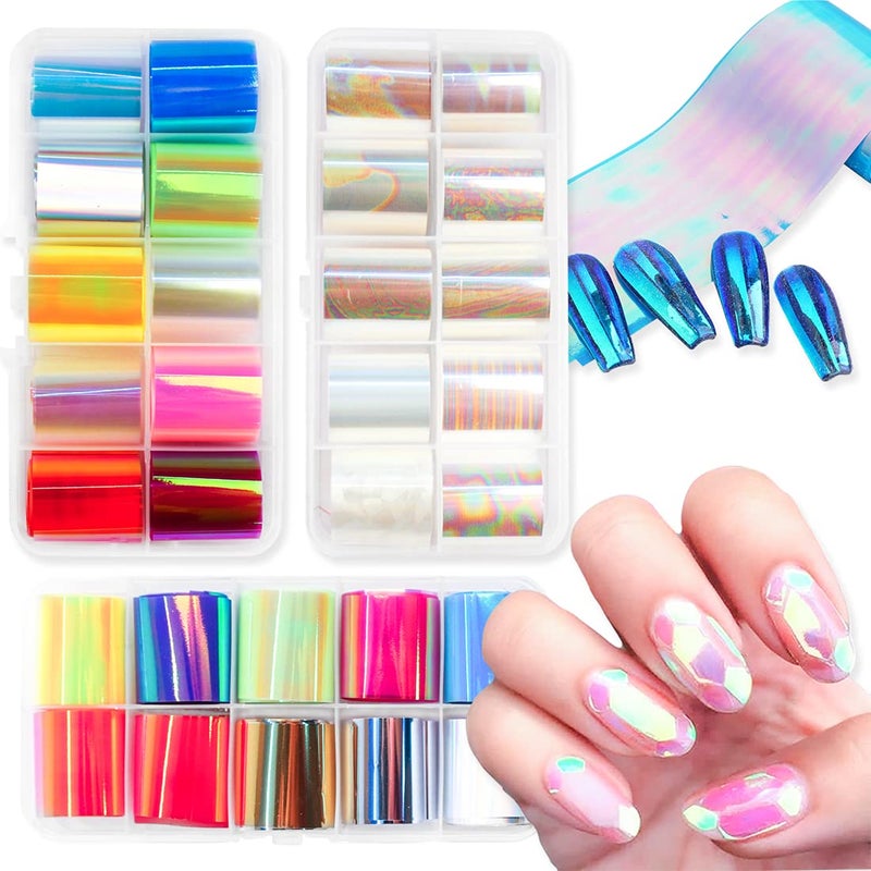 DANNEASY DANNEASY Glass Foil Nail Stickers, 20 Rolls Glass Fragments Paper and 10 Rolls Nail Foils Transfer Aurora Laser Design DIY&Salon Manicure Accessories