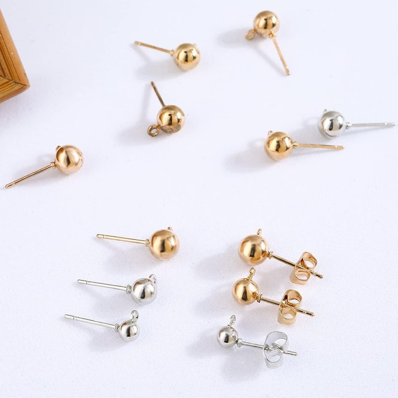 klarako 180 PCS Ball Post Earring Stud with 200 PCS Butterfly Earring Backs with Loop Ball Gold Plated Earring Studs for DIY Jewelry Making Findings, 4 MM 5 MM 6 MM (Silver&Gold) - Image 5