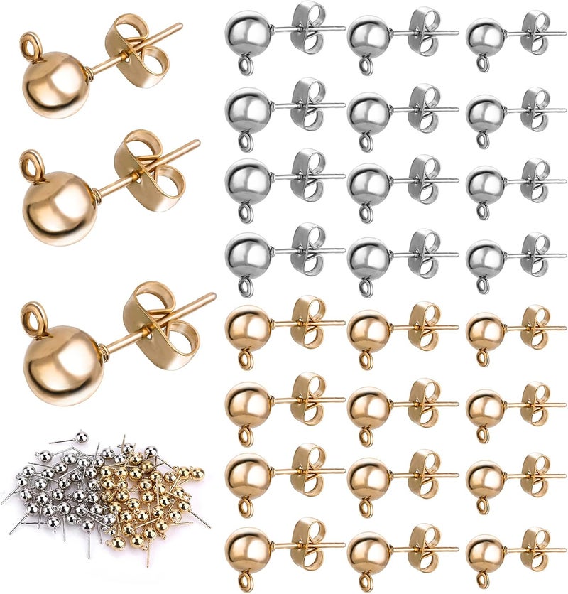 klarako 180 PCS Ball Post Earring Stud with 200 PCS Butterfly Earring Backs with Loop Ball Gold Plated Earring Studs for DIY Jewelry Making Findings, 4 MM 5 MM 6 MM (Silver&Gold) - Image 1