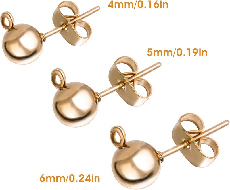 klarako 180 PCS Ball Post Earring Stud with 200 PCS Butterfly Earring Backs with Loop Ball Gold Plated Earring Studs for DIY Jewelry Making Findings, 4 MM 5 MM 6 MM (Silver&Gold) - Image 2