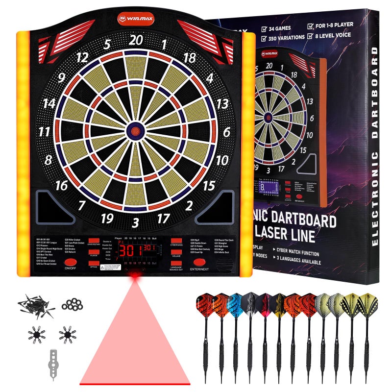 win.max Electronic Dart Board with LED Sidelamp, Laser Toe Line, Digital Electronic Soft Tip Dartboard Set, Over 350 Variations, Suitable for Batteries/Adapters (New Side Light) - Image 1